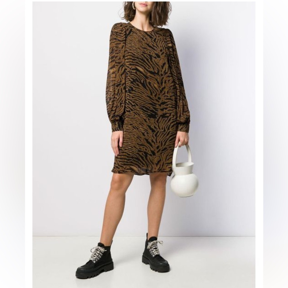 Ganni - Printed Georgette Black & Brown Tiger Patterned Dress - size 36 or US 4 - Picture 16 of 16